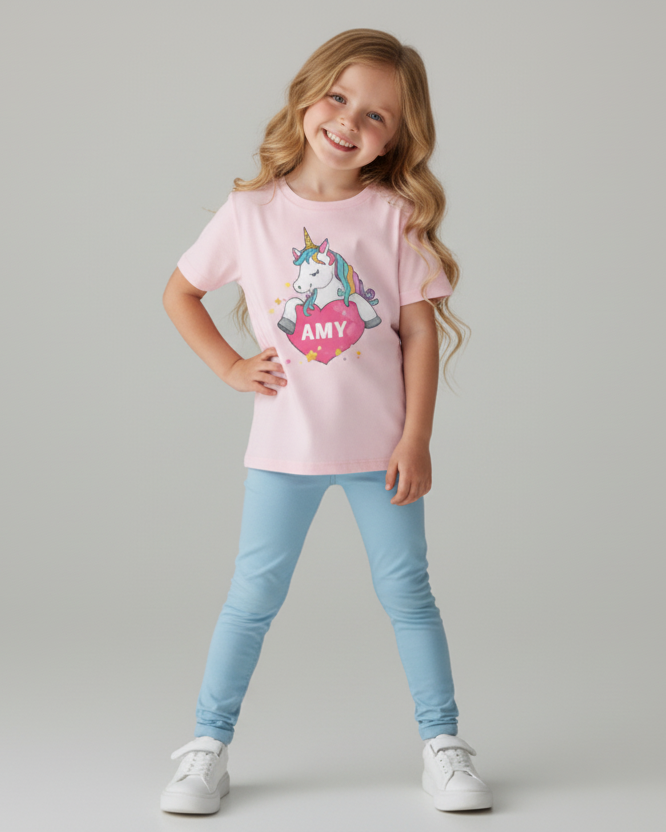 Young girl wearing a pink t-shirt with a unicorn design with custom name and light blue blue leggings - studio background