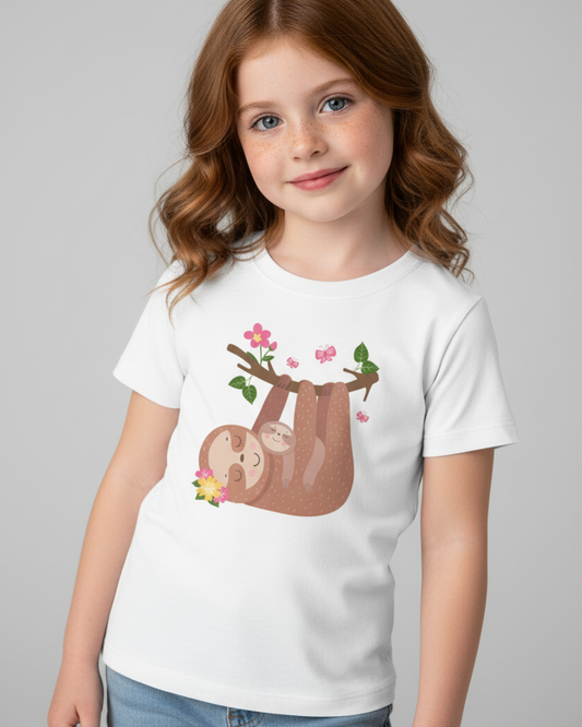 Girls white sloth graphic t-shirt featuring cute hanging sloth design with flowers, studio portrait image.