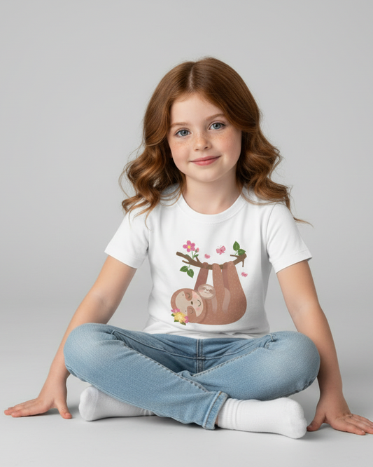 Child modelling white sloth print t-shirt with floral hanging sloth design, seated studio lifestyle photo.