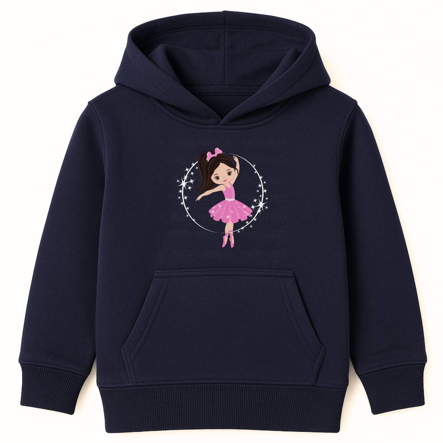 Navy blue kids hoodie featuring a cute cartoon ballerina in a pink tutu and bow, dancing inside a circle of stars.