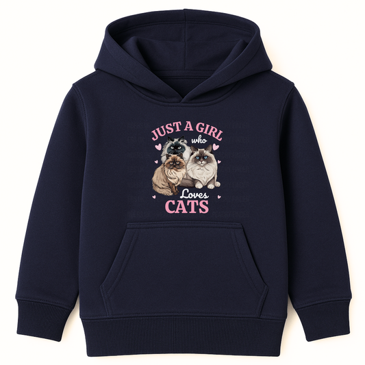 Girls navy hoodie featuring Ragdoll and Persian cat design surrounded by pink hearts and the text ‘Just a Girl Who Loves Cats