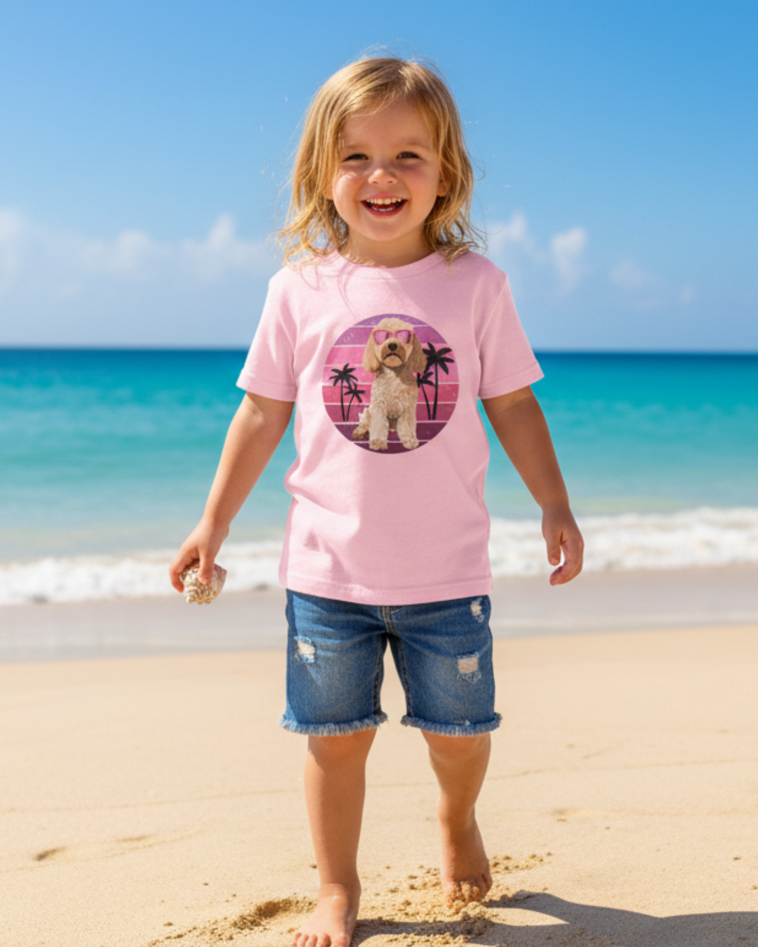 Little girl walking on a sunny beach wearing a pink kids t-shirt with a summer cockapoo dog design and denim shorts.