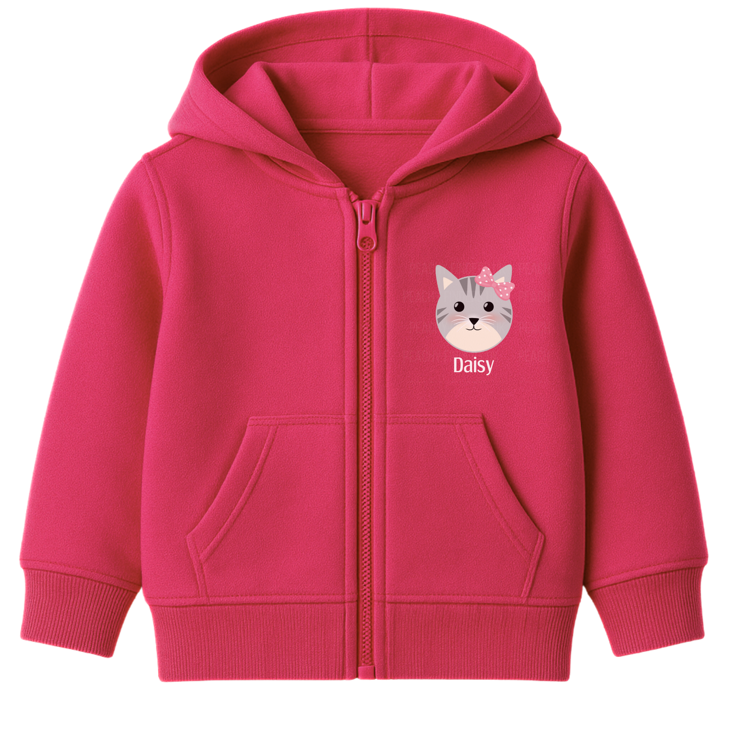 Girls hot pink personalised cat zip-up hoodie with grey kitten face and pink polka-dot bow, custom name printed on front