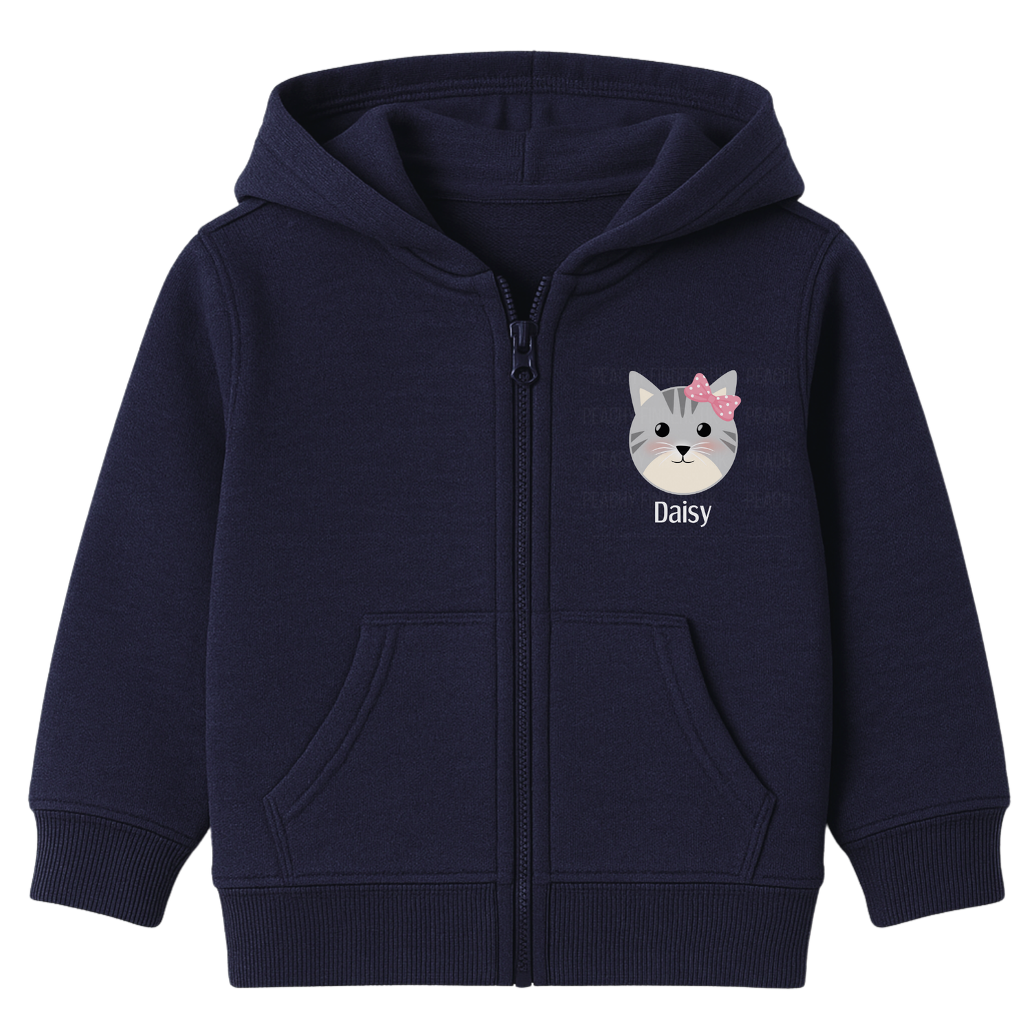 Girls navy personalised cat zip-up hoodie with grey kitten face and pink polka-dot bow, custom name printed on front
