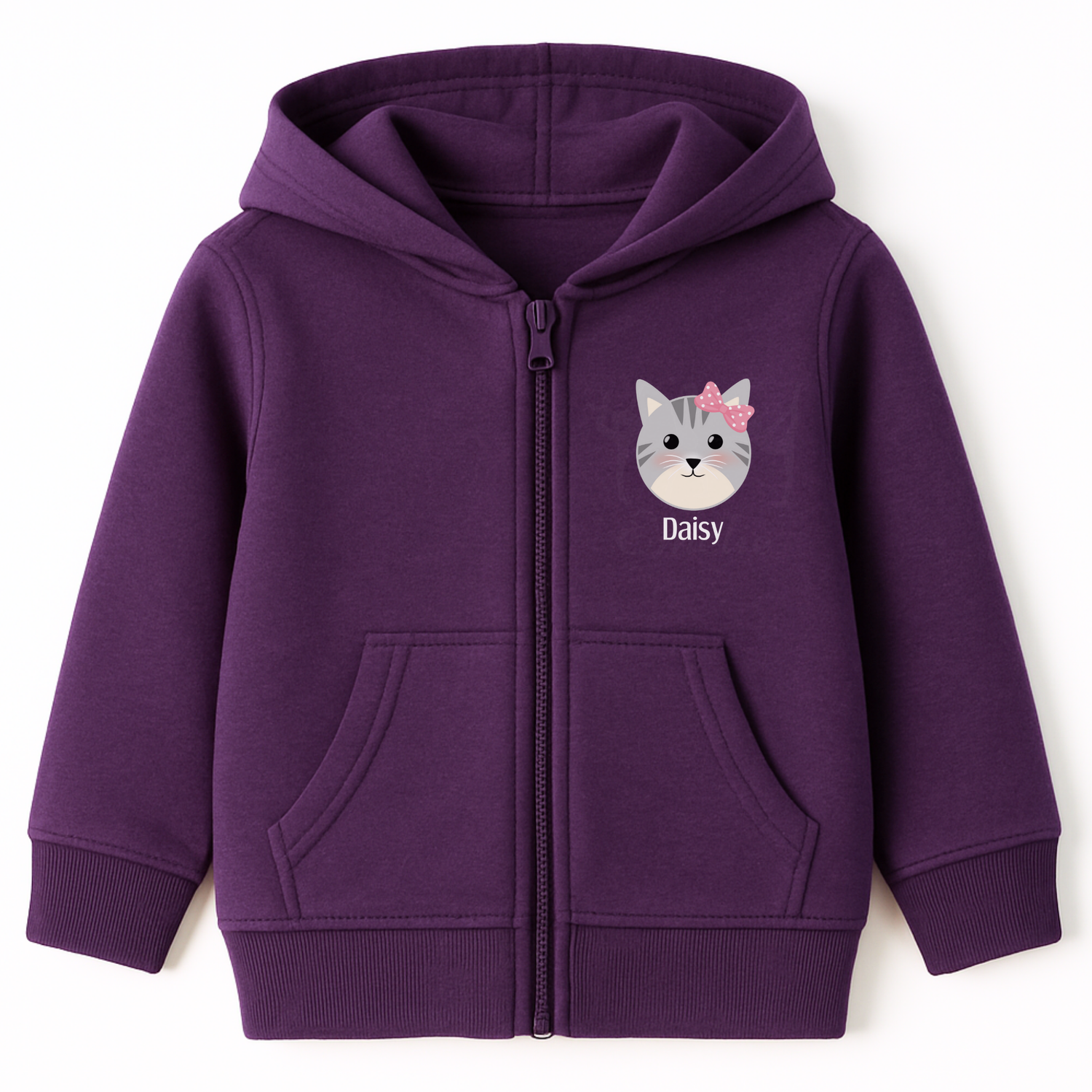 Girls purple personalised cat zip-up hoodie with grey kitten face and pink polka-dot bow, custom name printed on front