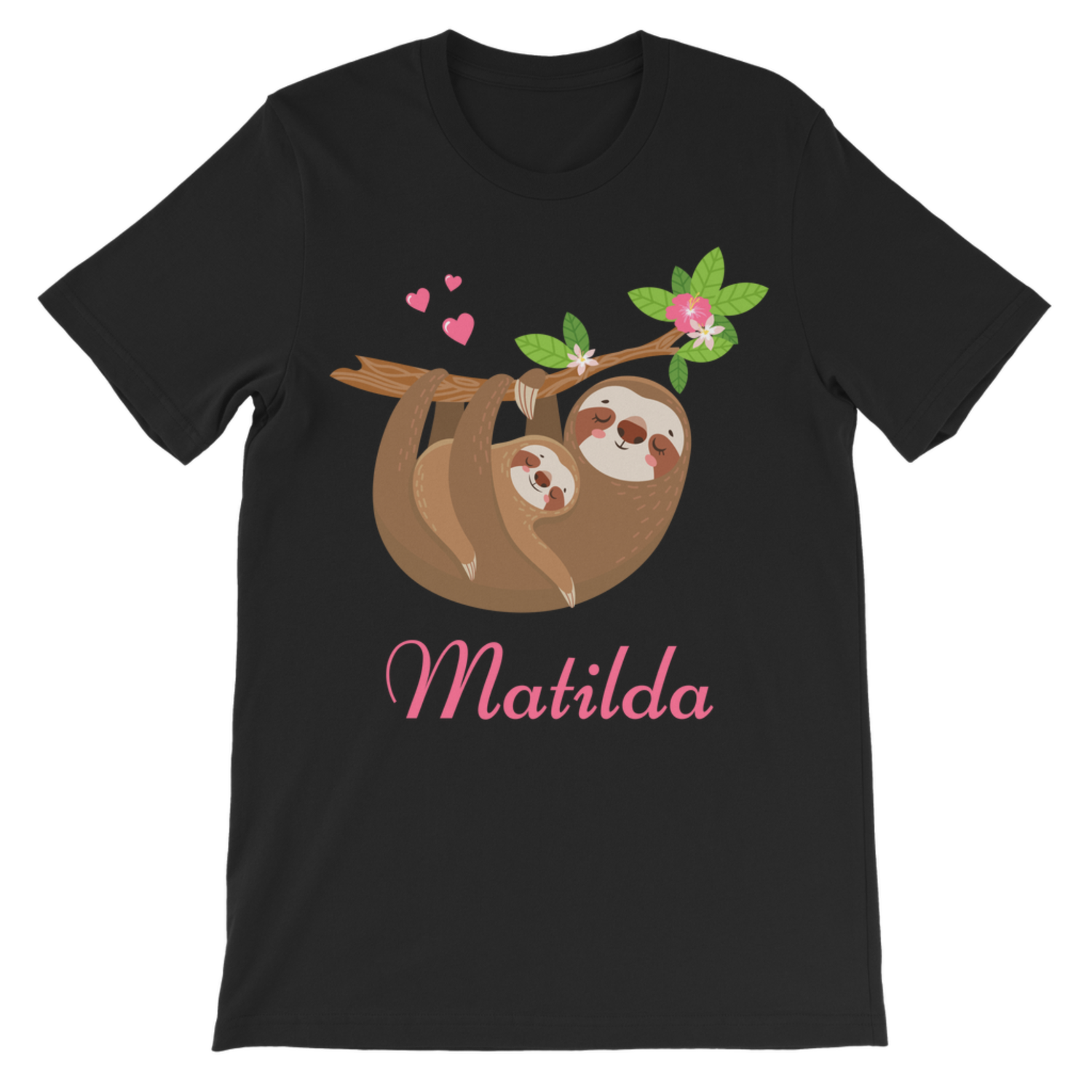 Kids T-shirt in black with a mum and baby sloth hanging from a leafy branch with pink hearts and flowers, and the name “Matilda” printed in pink script below the design.