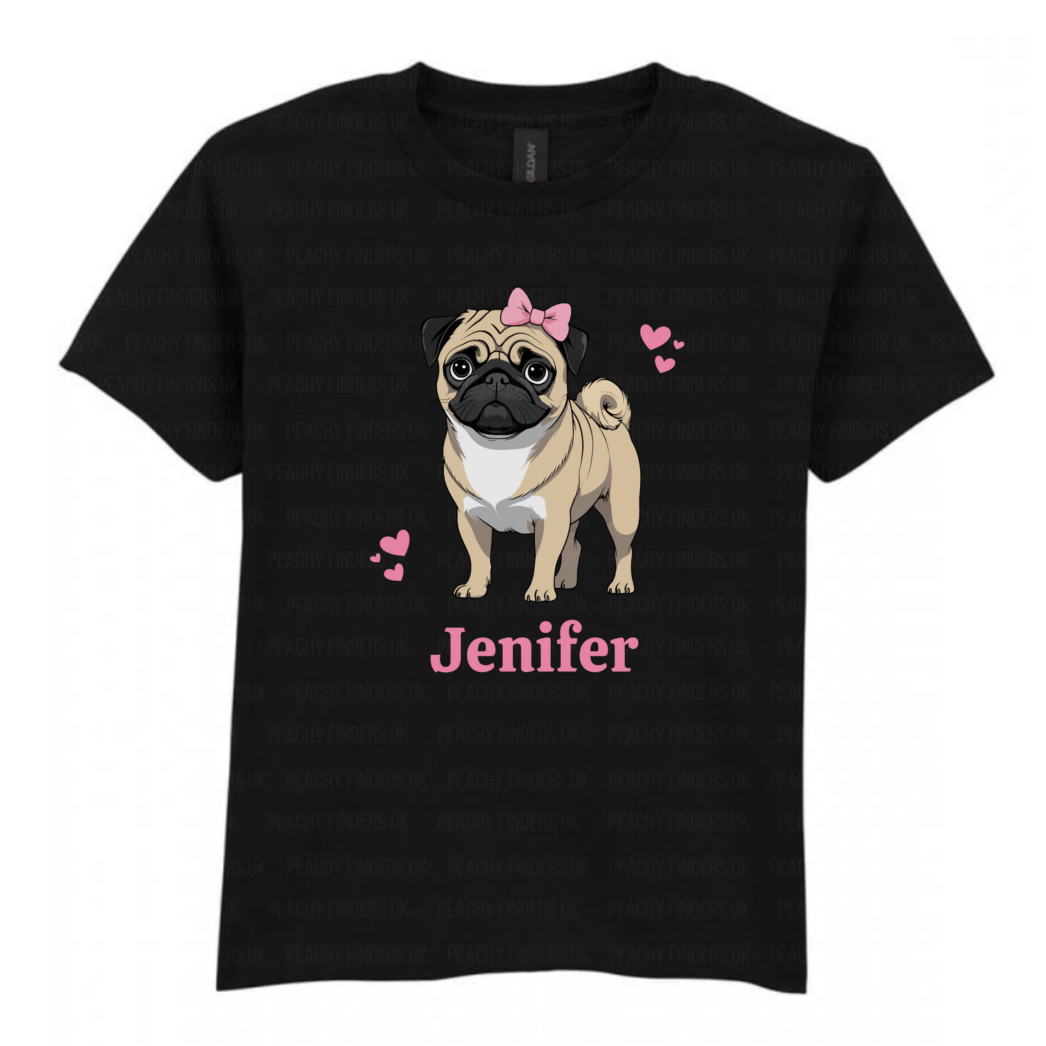 Kids black t-shirt with a cartoon pug and pink hearts graphic and name 'Jennifer' 