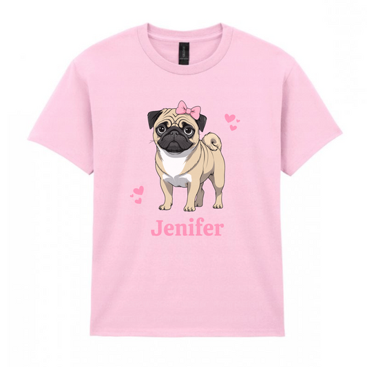Kids pink t-shirt with a cartoon pug and pink hearts graphic and name 'Jennifer' 