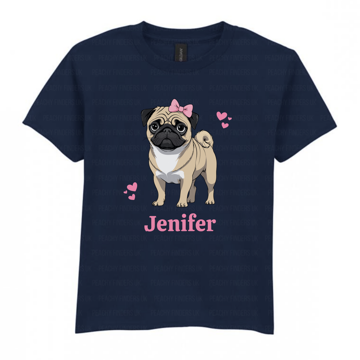 Kids navy t-shirt with a cartoon pug and pink hearts graphic and name 'Jennifer' 