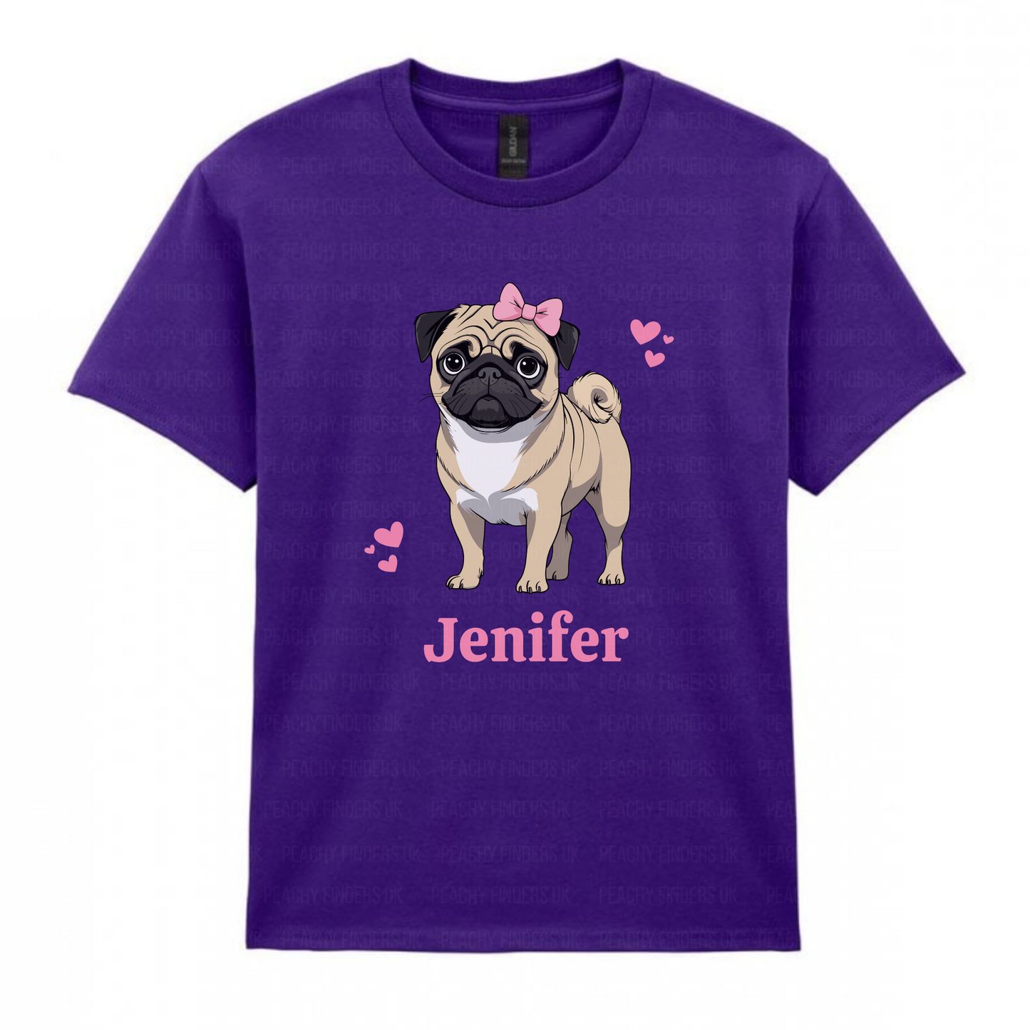 Kids purple t-shirt with a cartoon pug and pink hearts graphic and name 'Jennifer' 