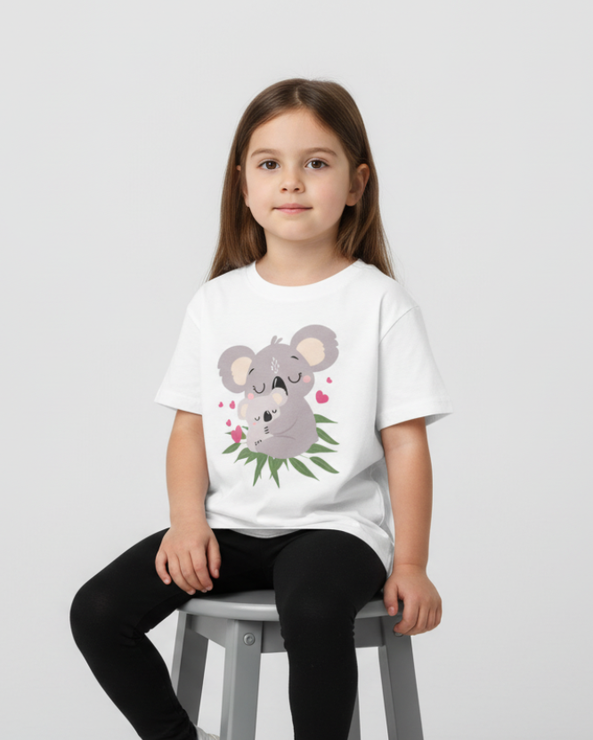 Young girl model sitting on a stool wearing a white children’s T-shirt with a cute koala and baby koala illustration, paired with black leggings, studio background.