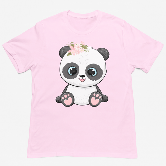 Girls Floral Panda - Soft Pink Cotton T-shirt
