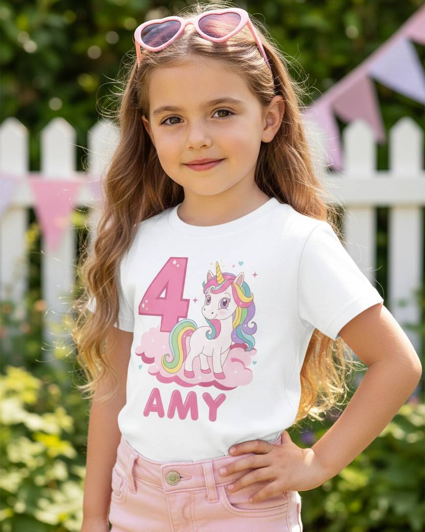 Girls personalised 4th birthday unicorn t-shirt Amy, white kids birthday shirt worn in garden party setting with bunting, pastel unicorn design
