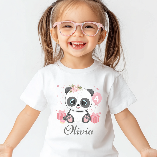 Personalised Birthday Floral Panda T-shirt | 3 - 13 years