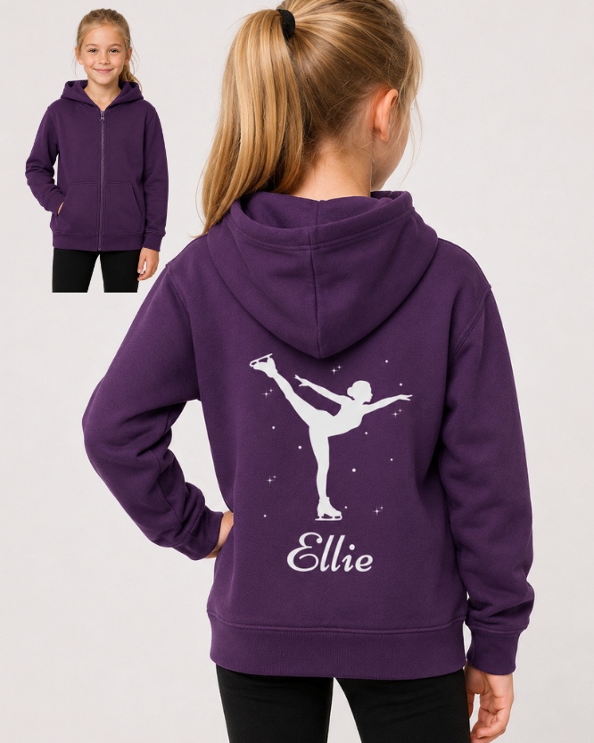A child model shown from the back wearing a purple zip-up hoodie with a white skater silhouette and the name 'Ellie' printed on the back. A smaller inset at the upper left shows the child facing forward wearing the same hoodie - plain front with full zip and side pockets.