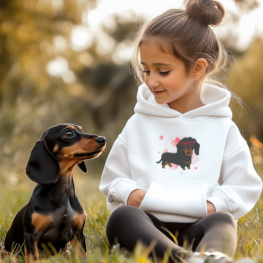 Dachshund & Hearts - Girls Pullover Hoodie | 3 - 13 years