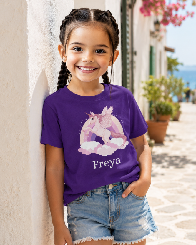 Girl wearing purple personalised unicorn T-shirt leaning on white wall in Majorca holiday setting