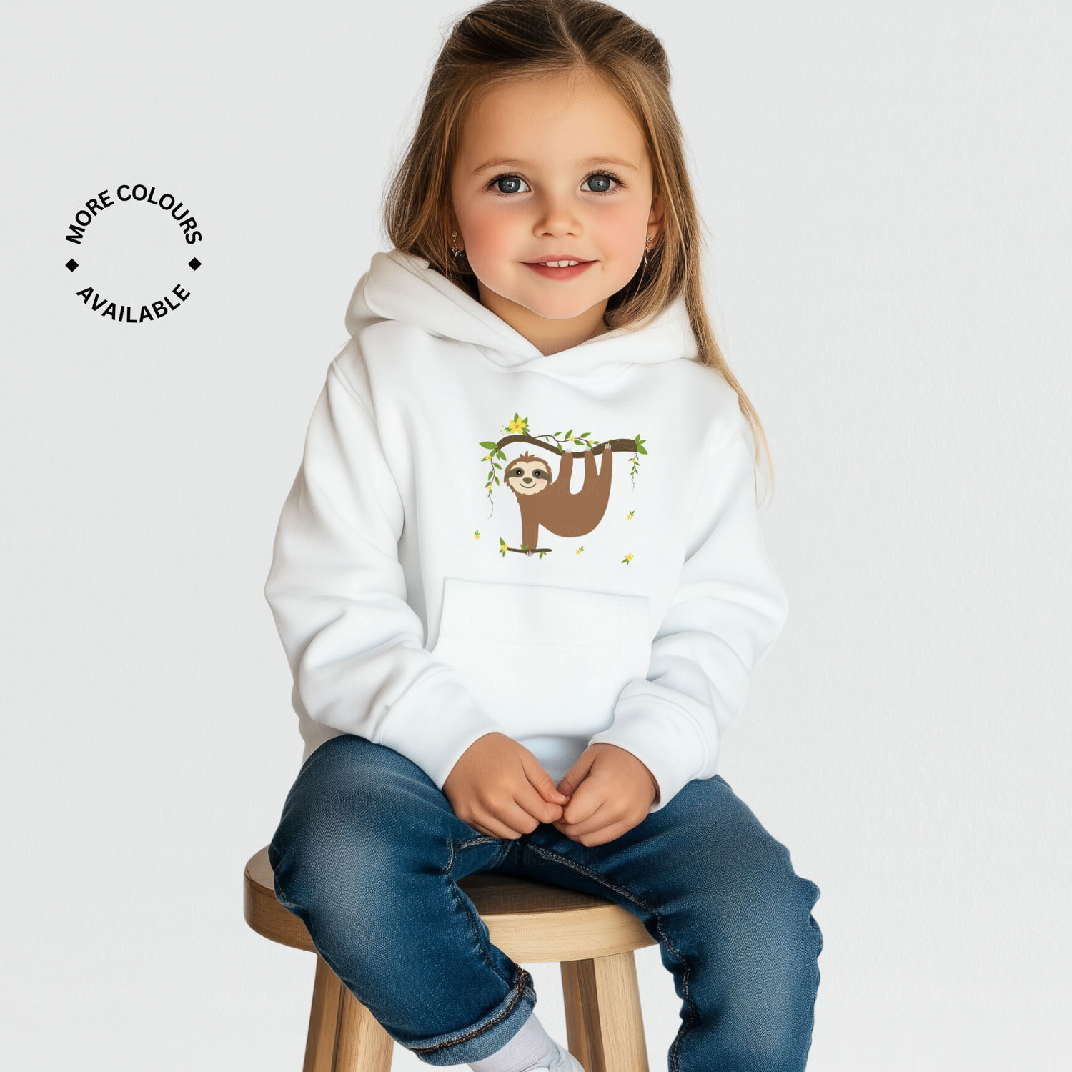 Girls white pullover hoodie featuring a cute smiling sloth hanging from a leafy branch with yellow flowers