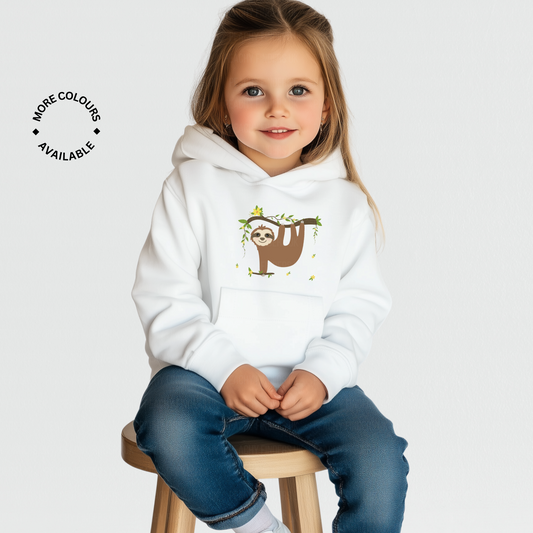 Girls white pullover hoodie featuring a cute smiling sloth hanging from a leafy branch with yellow flowers