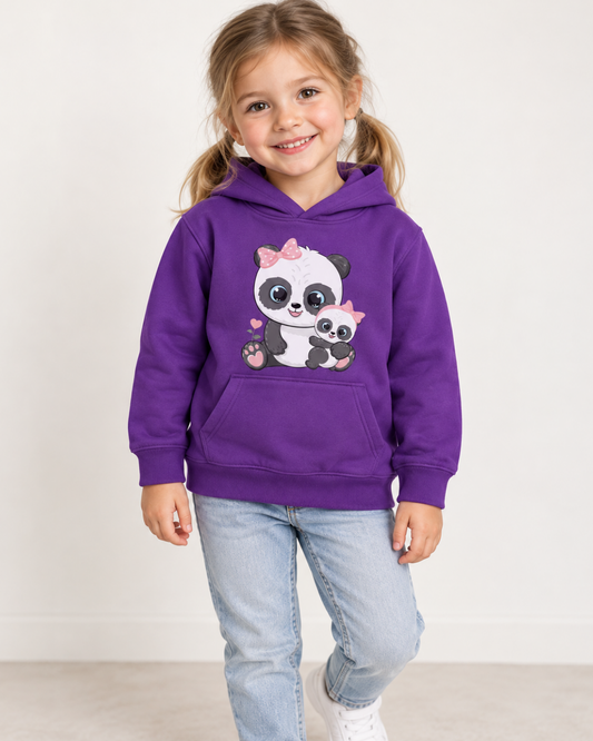 Four-year-old girl wearing a purple mum and baby panda hoodie with light-wash jeans.
