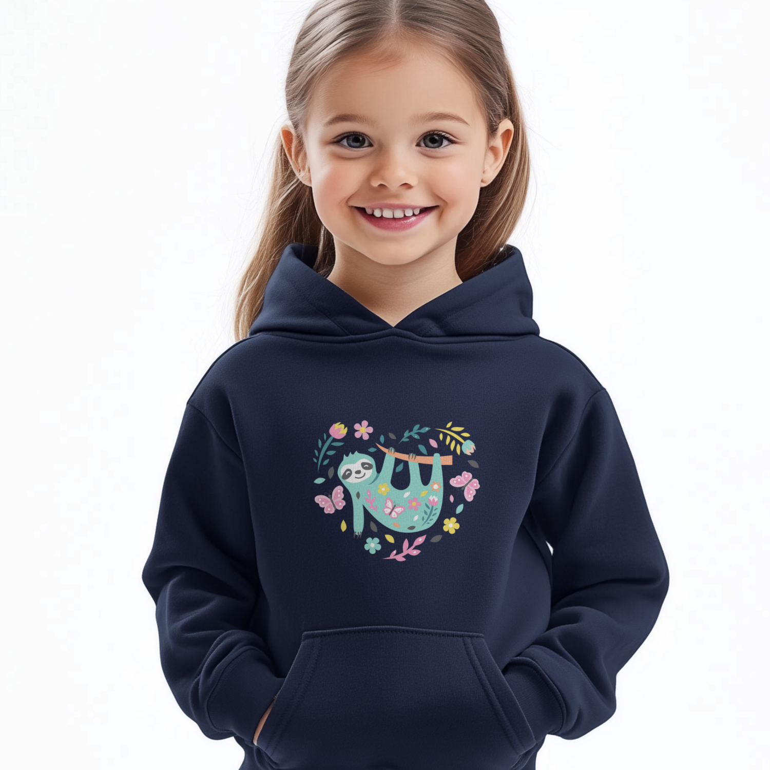 Smiling young girl wearing a navy hoodie with a cute sloth hanging from a floral branch surrounded by butterflies, standing against a white background.