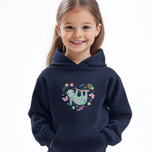 Smiling young girl wearing a navy hoodie with a cute sloth hanging from a floral branch surrounded by butterflies, standing against a white background.