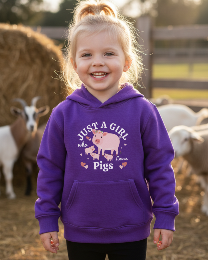 Child wearing a purple “Just A Girl Who Loves Pigs” pullover hoodie with pig family graphic, standing at a petting farm with goats in the background.