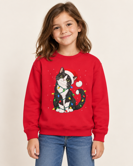 Young girl smiling while wearing a red crewneck sweatshirt with a graphic of a black and white tuxedo cat wearing a Santa hat and wrapped in Christmas lights.