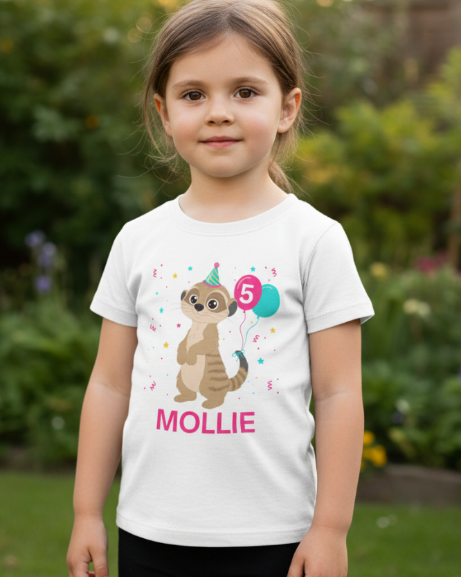 Young girl wearing personalised meerkat birthday t-shirt with name and age, kids outfit outdoors