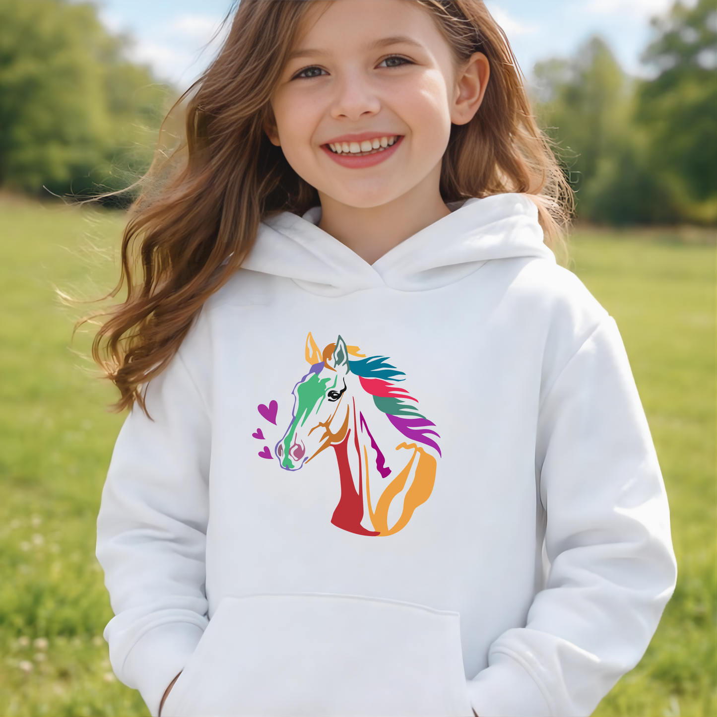Young girl wearing a white hoodie with a colorful horse design in a grassy field.