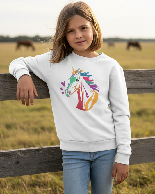 Young girl wearing a white colourful horse sweatshirt leaning on a wooden fence outdoors with horses grazing in the background.