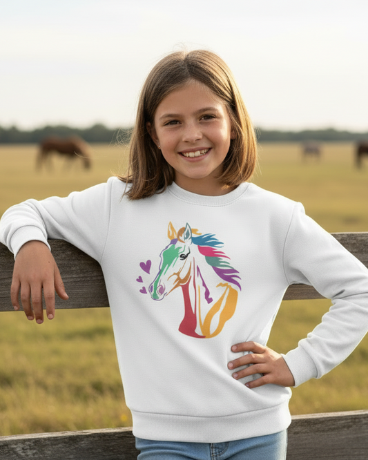 Smiling girl modelling a white rainbow horse kids sweatshirt outdoors in a countryside setting with horses in the distance.