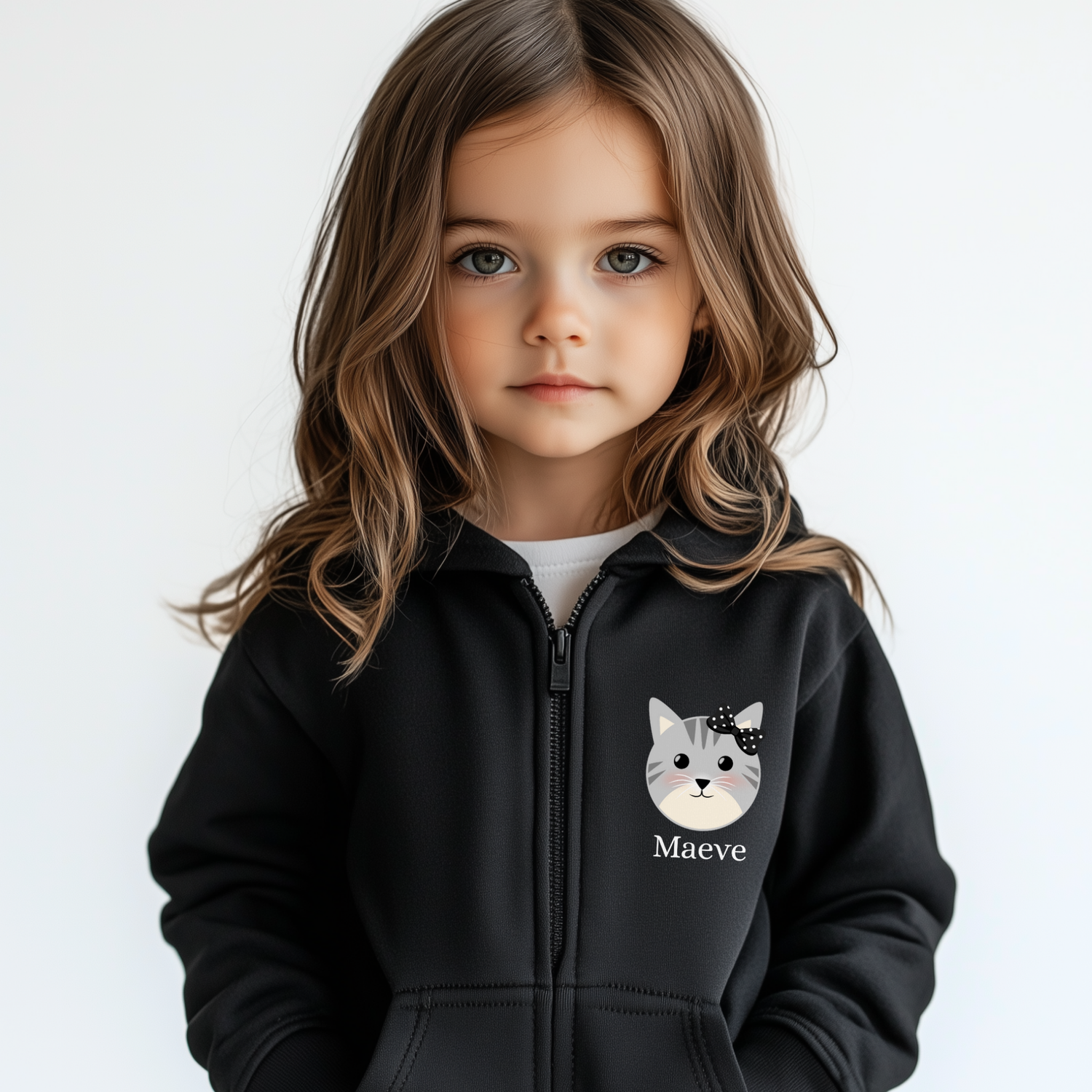 Little girl modelling a personalised cat black zip-up hoodie with custom name  printed beneath a cute grey kitten face featuring a black polka-dot bow