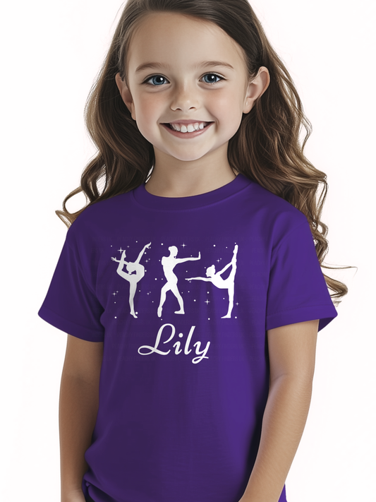 Girl wearing a personalised kids gymnastics t-shirt in purple with gymnast silhouette design and custom name Lily