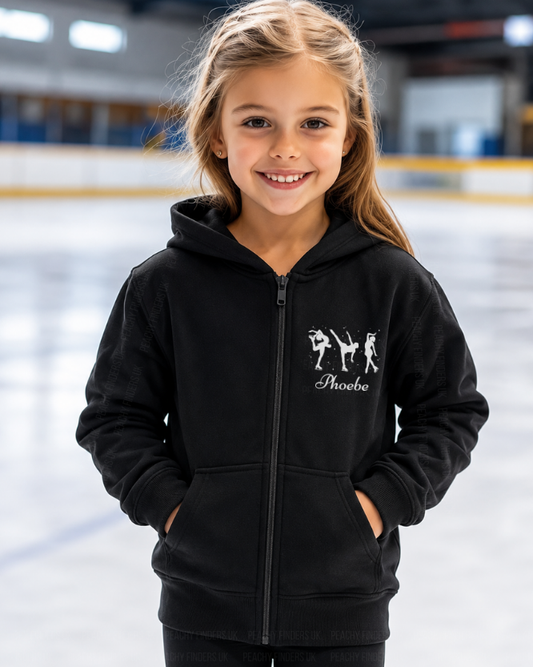 Girl wearing black personalised ice skating zip hoodie with custom name on an ice rink.