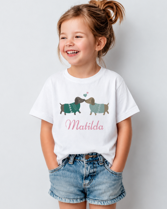 Girl wearing white personalised dachshund T-shirt with Matilda name and denim shorts in studio setting
