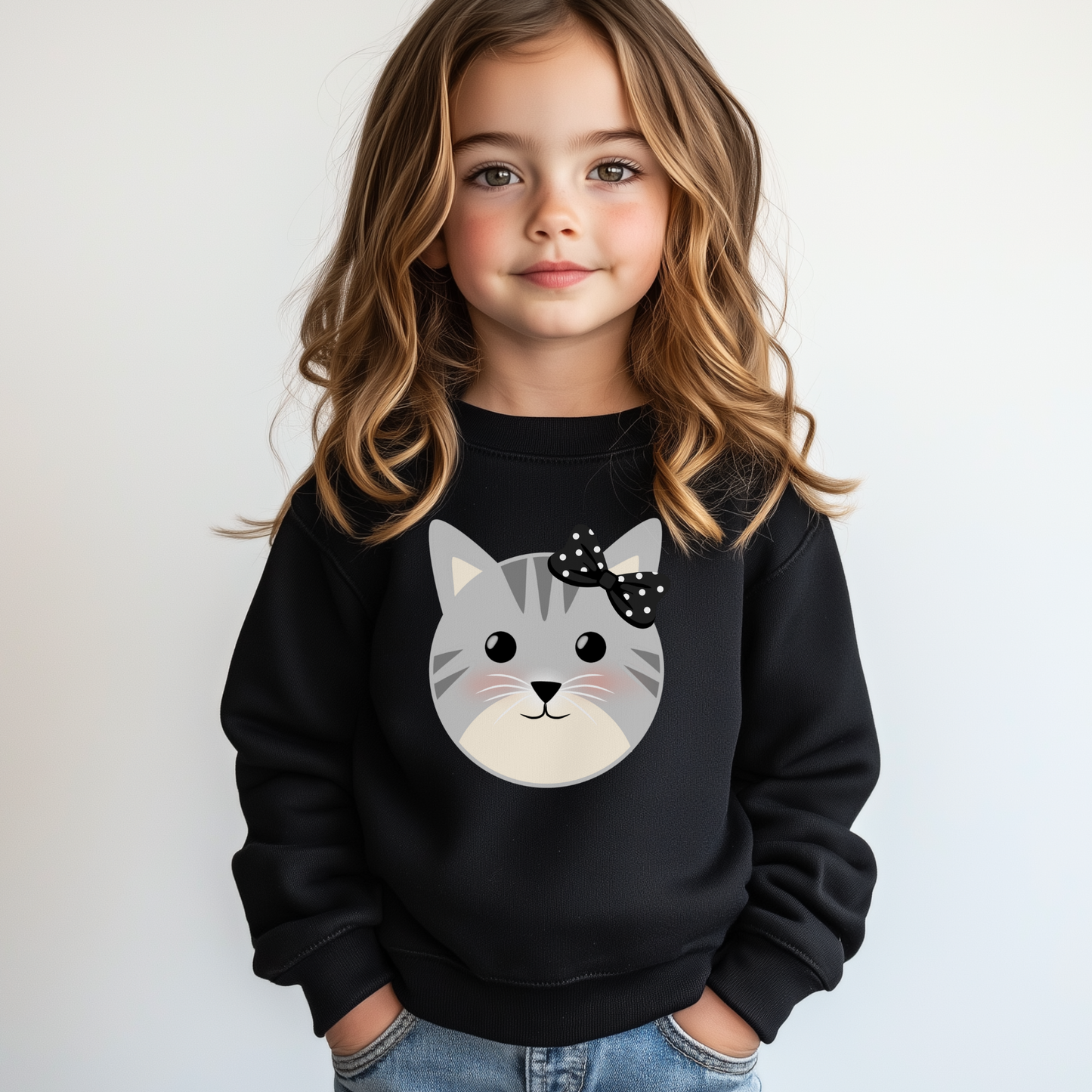 Little girl modelling a black sweatshirt featuring a cute grey kitten face with black polka-dot bow and blushing cheeks