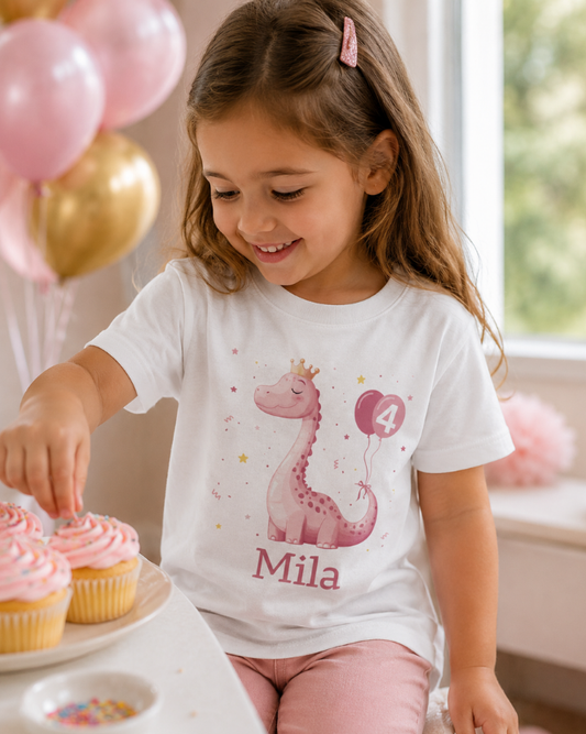 Young girl in a white t-shirt with a birthday themed pink dinosaur design and her name 'Mila' printed on it, standing near a table with pink balloons and cupcakes.