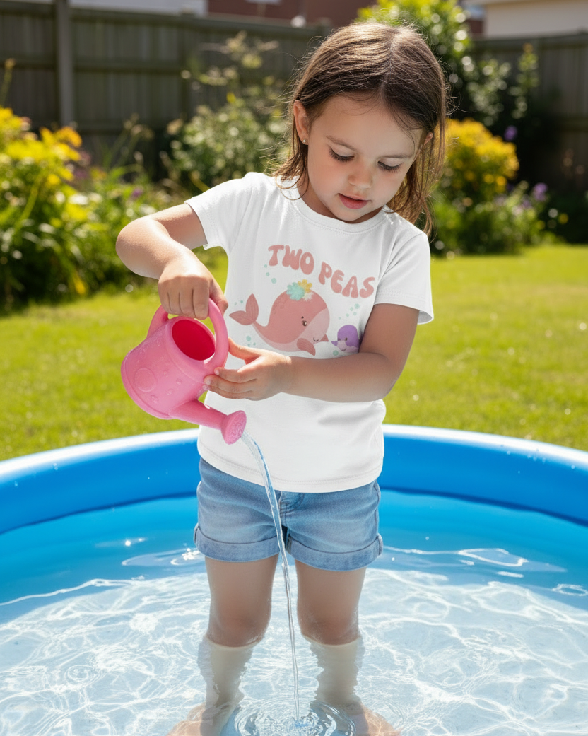 Toddler girl in white Two Peas in a Pod whale graphic summer t-shirt and denim shorts playing in paddling pool outdoors