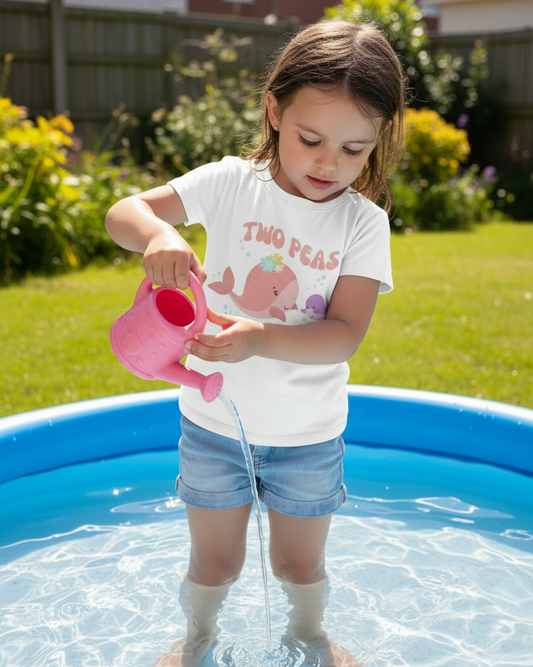 Toddler girl in white Two Peas in a Pod whale graphic summer t-shirt and denim shorts playing in paddling pool outdoors