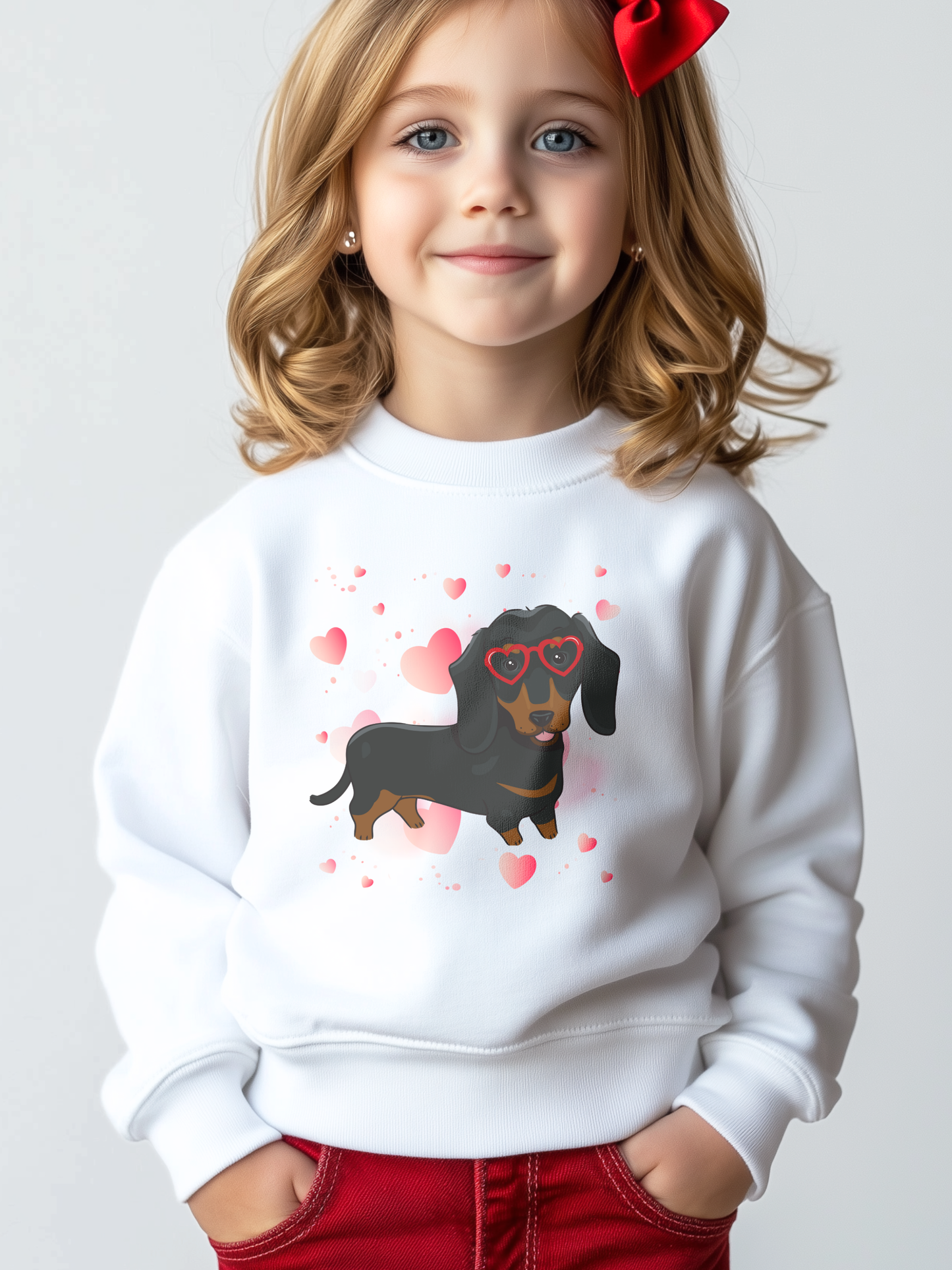 Young girl wearing a white sweatshirt with a cute Dachshund in heart glasses surrounded by red hearts.