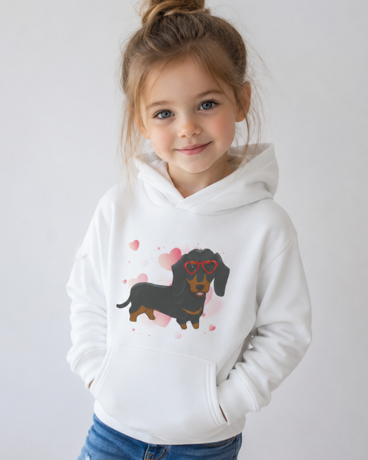 Little girl models a white pullover hoodie with cute Dachshund wearing red heart glasses and scattered hearts design.