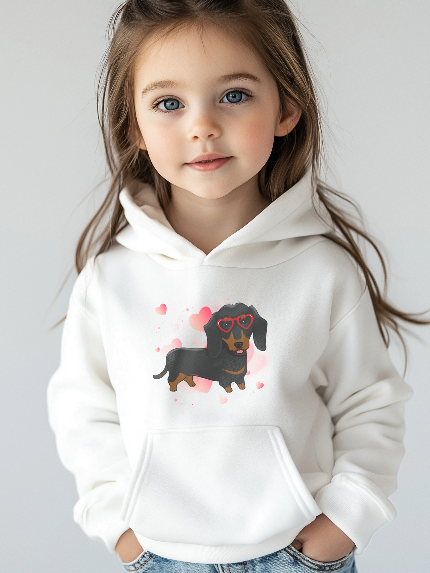 Little girl models a white pullover hoodie with cute Dachshund wearing red heart glasses and scattered hearts design.