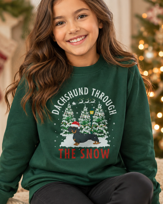 A young girl with long brown hair smiles while wearing a dark green crewneck sweatshirt with a Christmas graphic that reads 'DACHSHUND THROUGH THE SNOW' and shows a dachshund wearing a red Santa hat in a snowy scene. The background is a softly blurred holiday setting with warm lights.