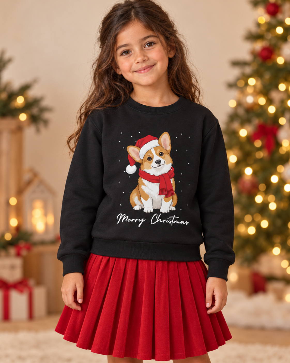 Young girl wearing a black children's Christmas jumper with a festive Corgi illustration and a red skirt, standing in front of a Christmas tree