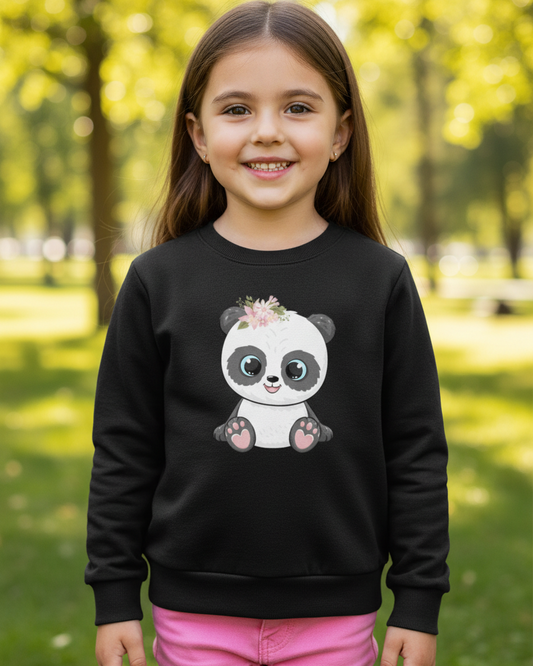 Girl wearing black sweatshirt with cute floral panda design – kids panda jumper outfit in outdoor park setting