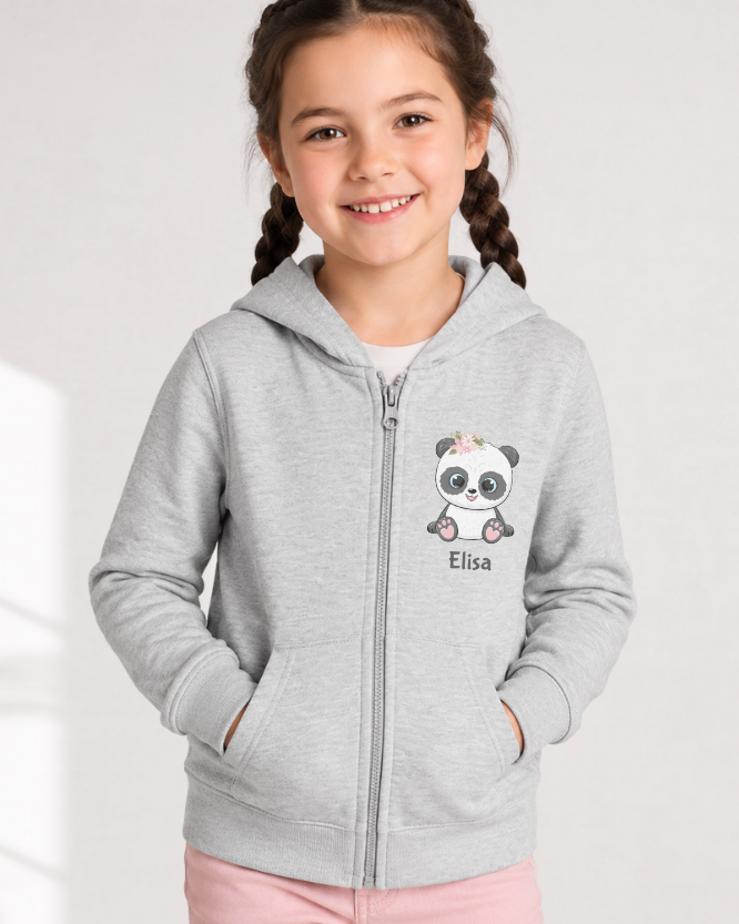 Young girl wearing a heather grey hoodie with a panda design and name 'Elisa' -studio background