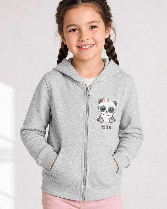 Young girl wearing a heather grey hoodie with a panda design and name 'Elisa' -studio background