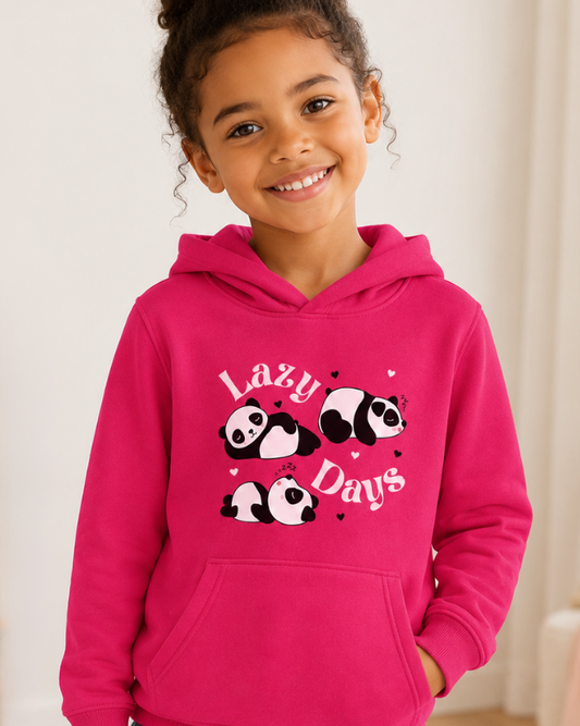 Smiling girl wearing hot pink kids panda hoodie with Lazy Days sleeping panda print