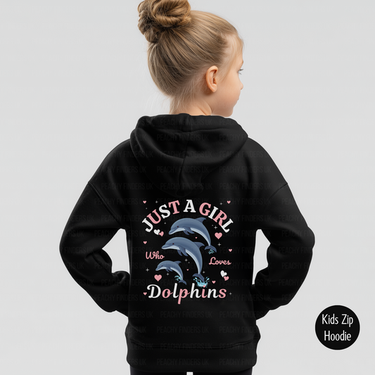 Girl wearing a black hoodie with dolphin design printed on the back of the zip hoodie